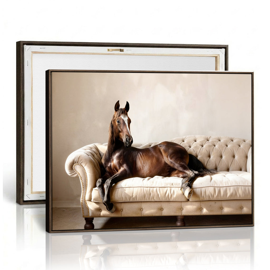 Funny Horse on Sofa Canvas Wall Art, Quirky Horse Lounging Photo