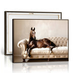 Funny Horse on Sofa Canvas Wall Art, Quirky Horse Lounging Photo
