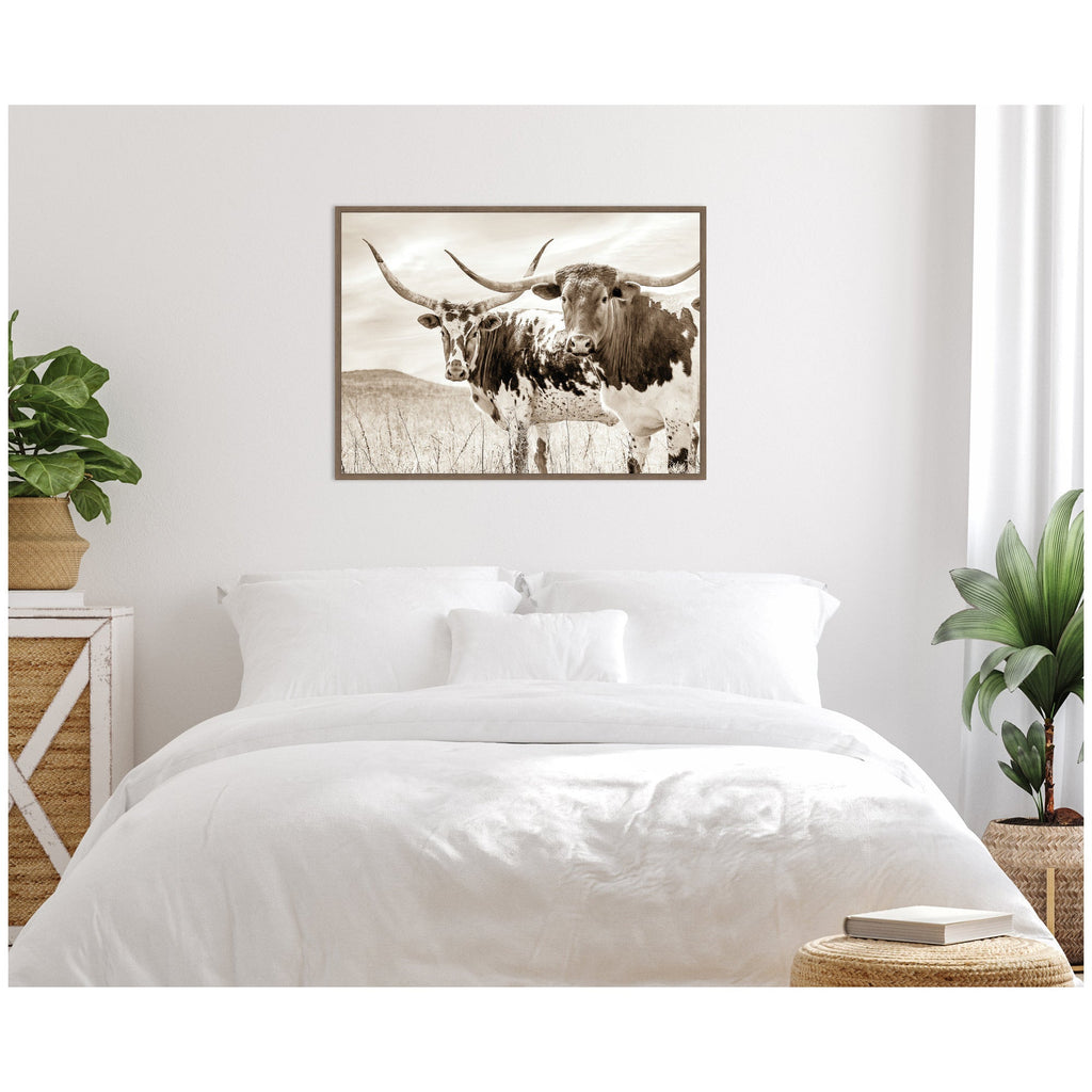 Sepia Texas Longhorn Cattle in Pasture by The Creative Bunch Studio Framed Canvas Wall Art Print