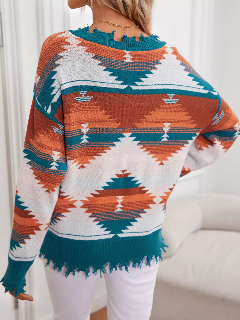 Geometric Frayed Hem V-Neck Long Sleeve Sweater 4 Color Options