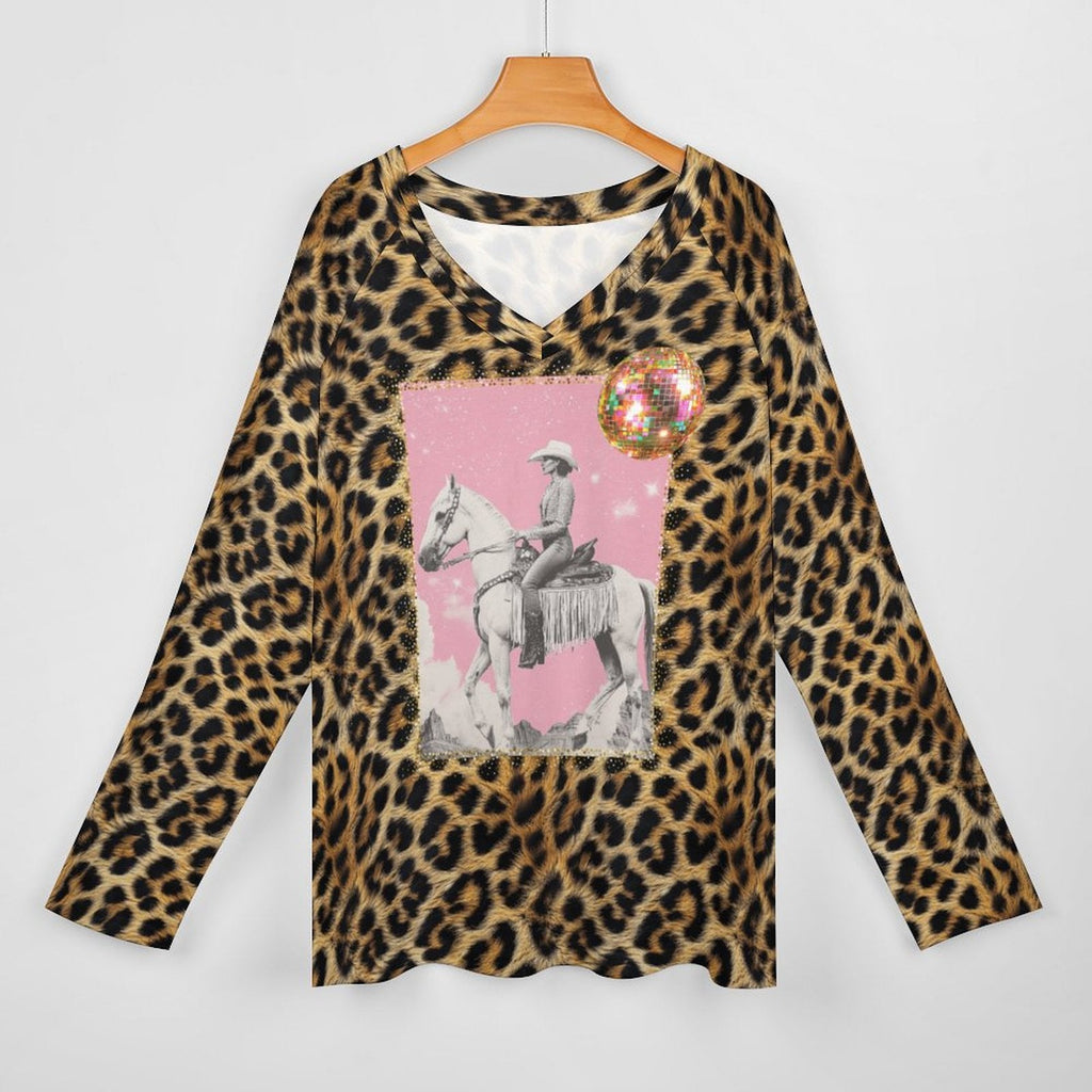 Baha Ranch Retro Pop Western Leopard Cowgirl Long Sleeve Top
