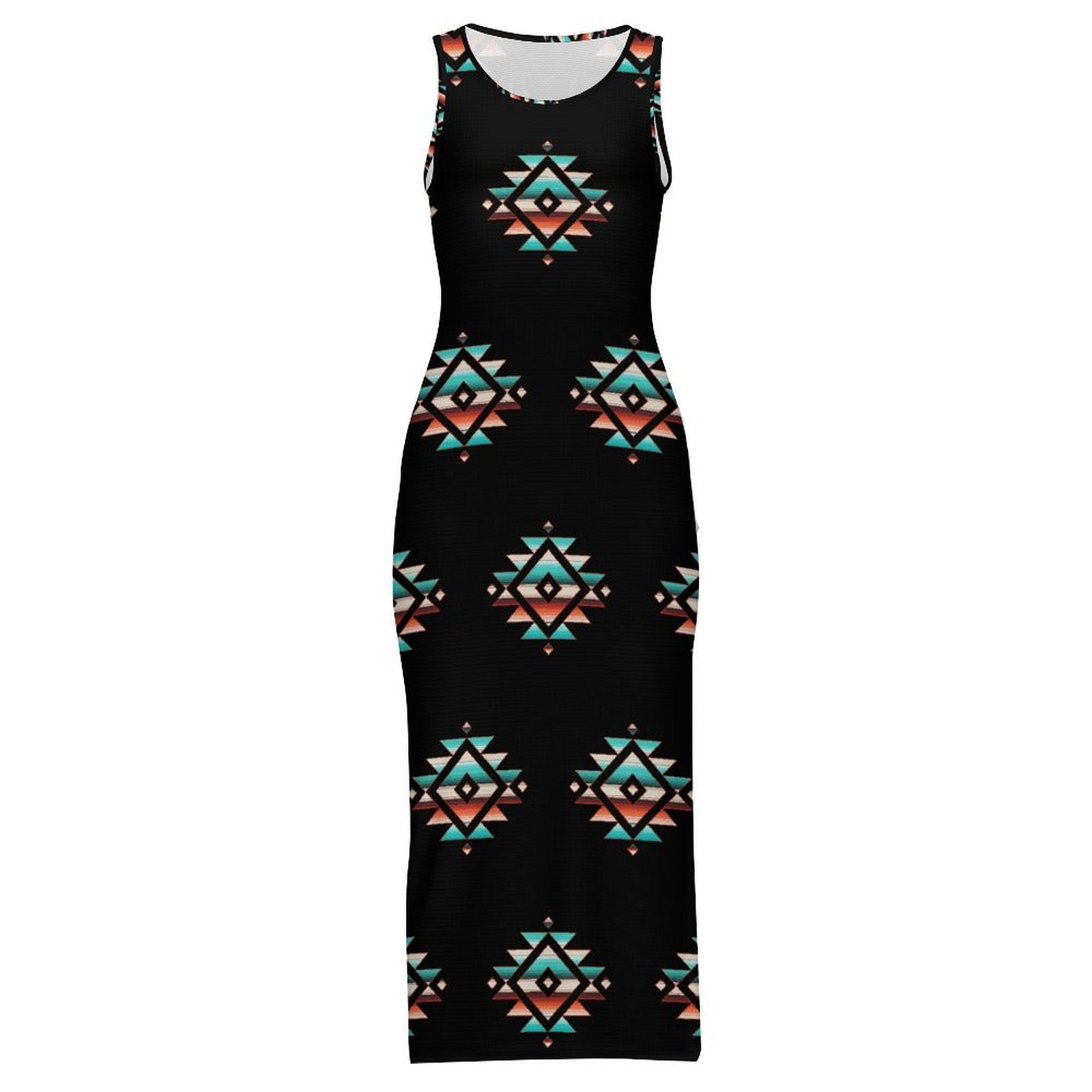 Baha Ranch Southwestern Aztec Sleeveless Bodycon Side Slit Western Maxi Dress