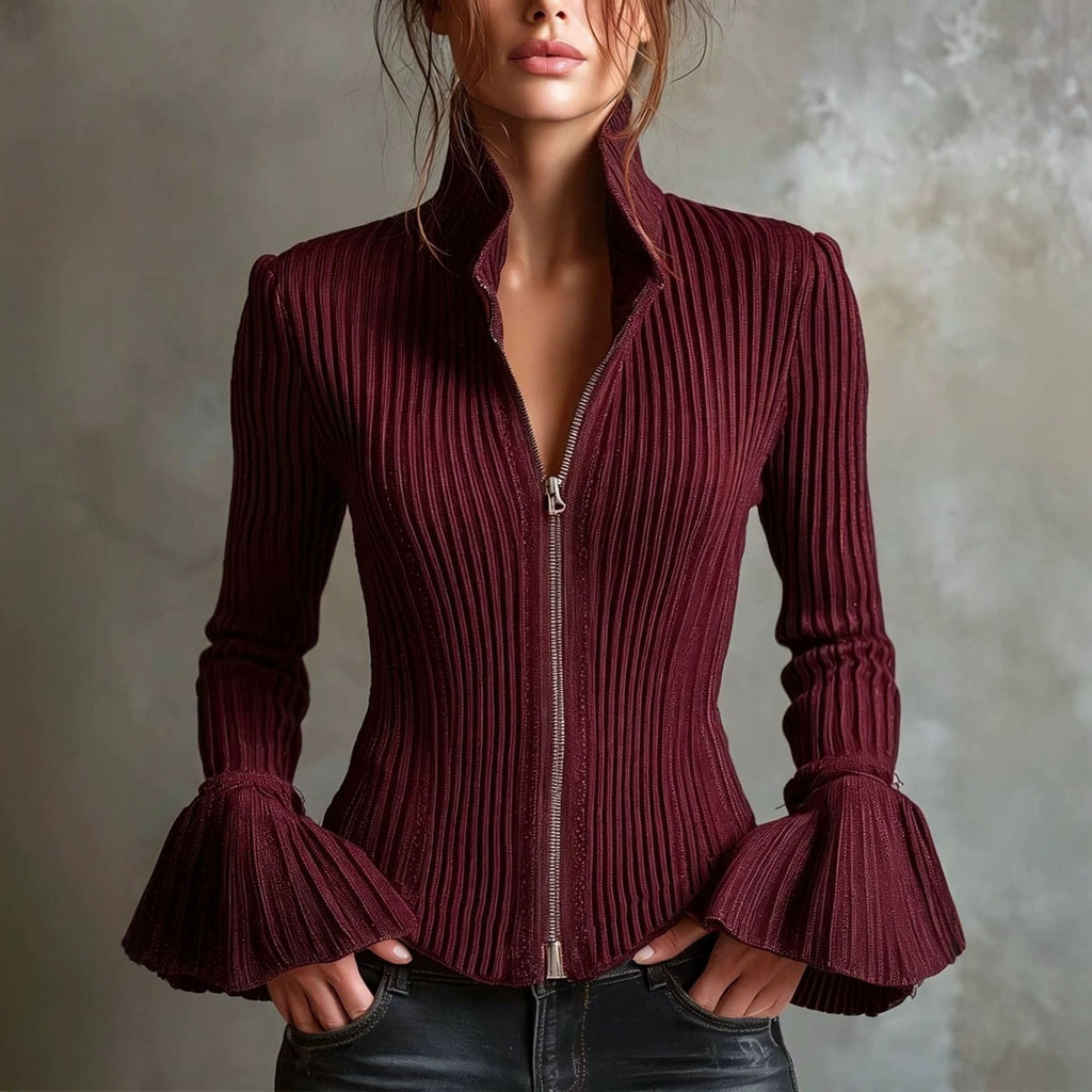 Women's Slim-Fit Rib-Knit Zip-Up Top with Flared Cuffs