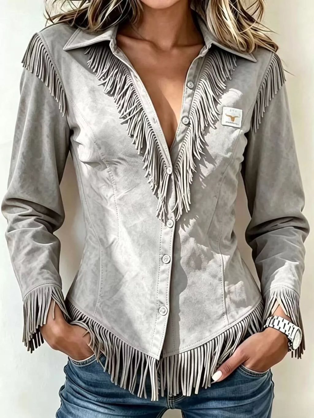 Full Size Fringed Collared Neck Shirt Plus Size