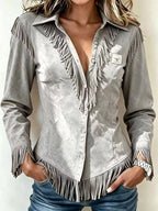 Full Size Fringed Collared Neck Shirt Plus Size