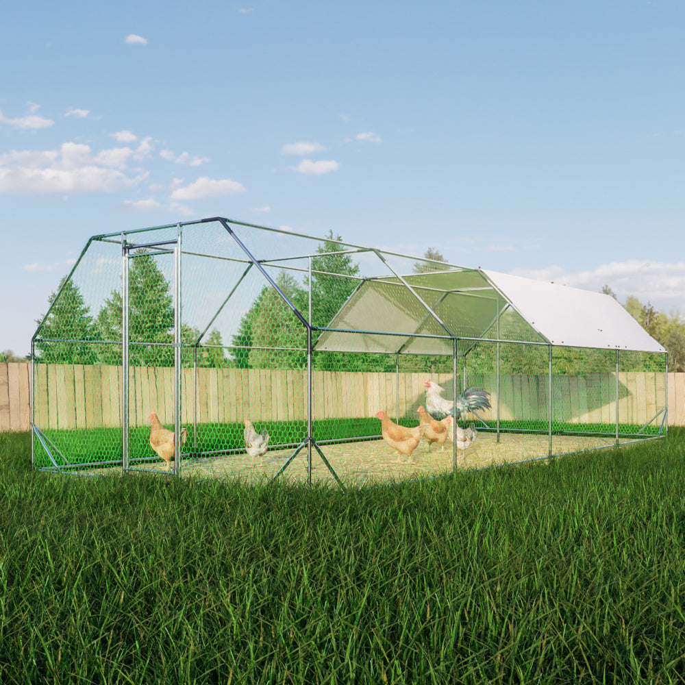 9.94×25.68 FT Large Walk-In Chicken Coop | Galvanized Steel Poultry Run with UV Waterproof Tarp & Lockable Doors — Hen House & Farm Pen