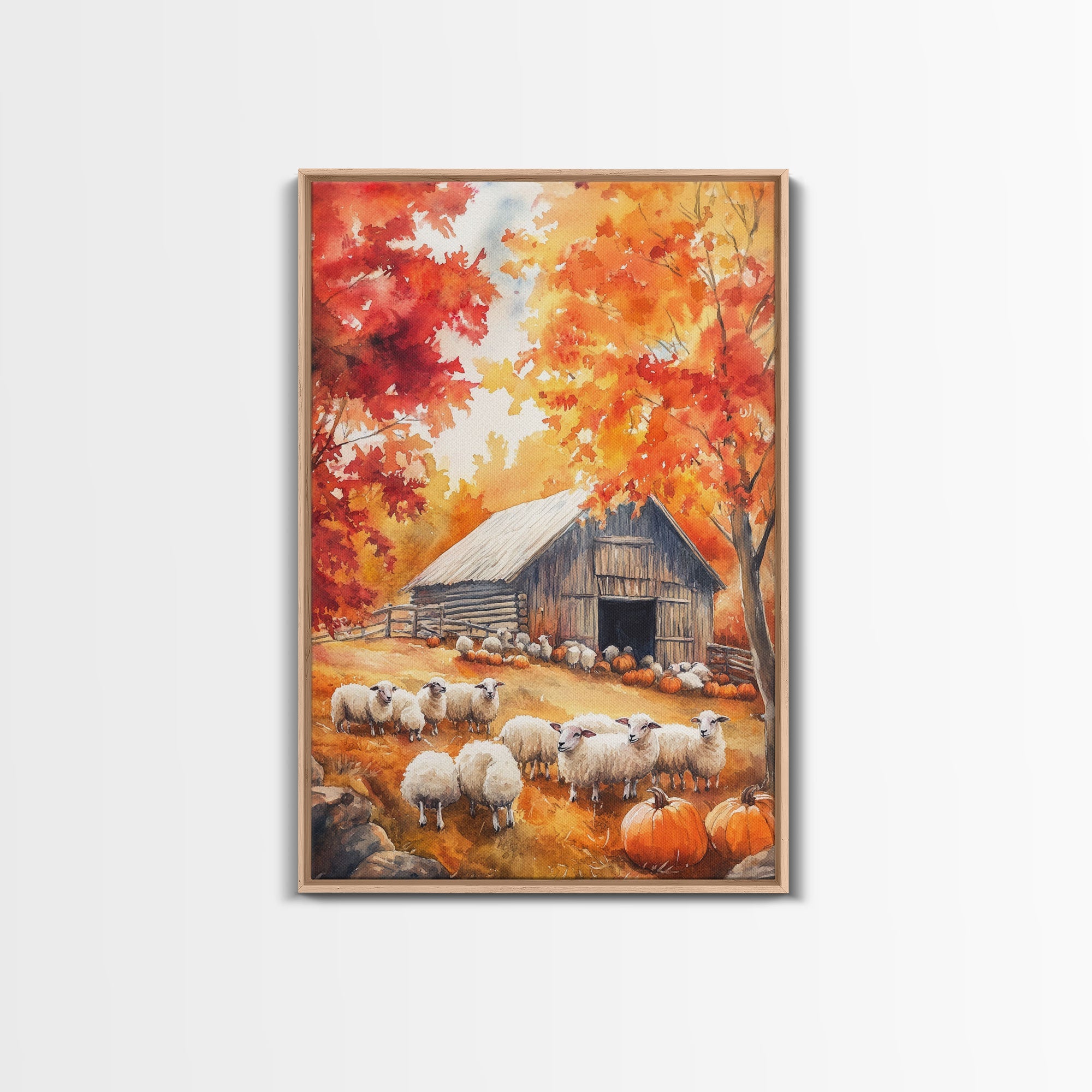 The Sheep Farm In Fall Framed Canvas Print, Farmhouse Decor, Boho Painting Wall Art