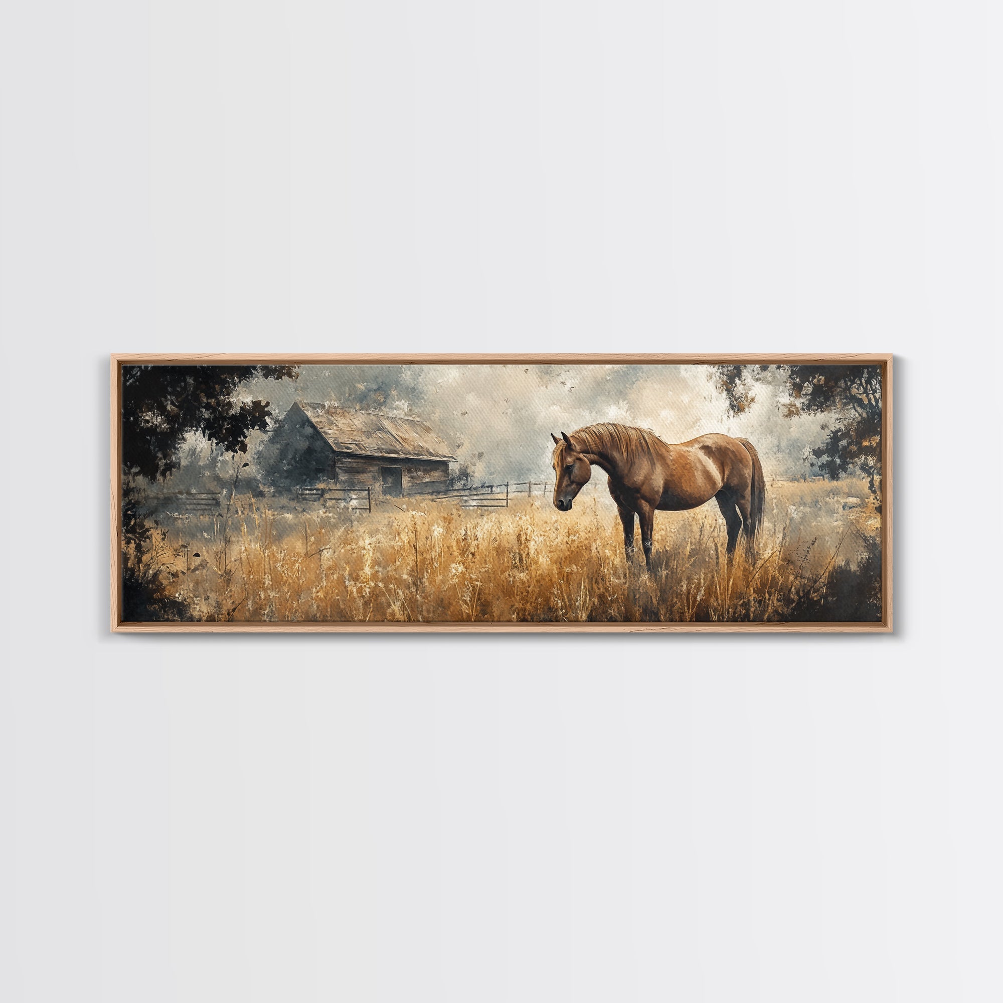 Framed Canvas Print Rustic Horse Art Vintage Farmhouse Decor Barn Landscape Oil Painting Above Couch Wall Art