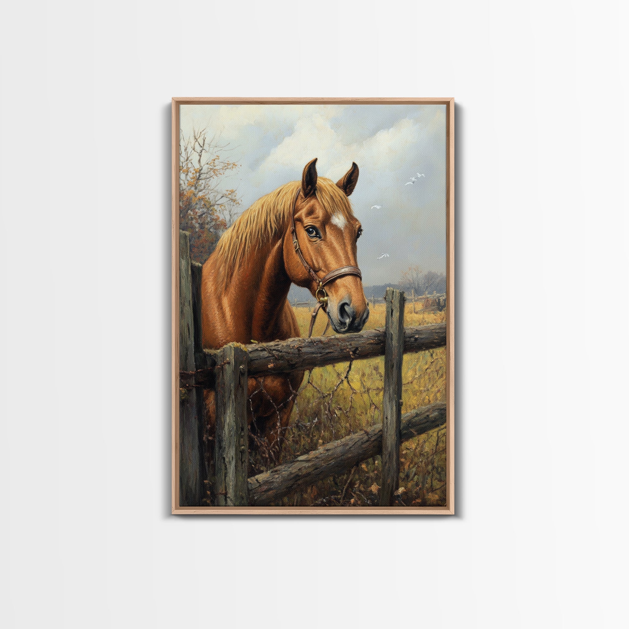 Farmhouse Horse Framed Canvas Print, Rustic Landscape Painting, Fall Bedroom Art, Gift Idea for Her, Cottagecore Wall Art