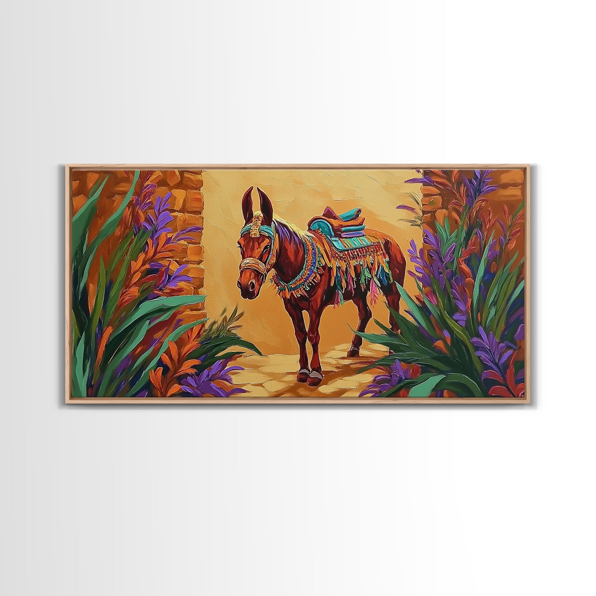 Fiesta Mule, Desert Horse, Rustic Charm, Framed Canvas Print, Western Wall Art, Entryway Decor, Colorful Southwest Painting