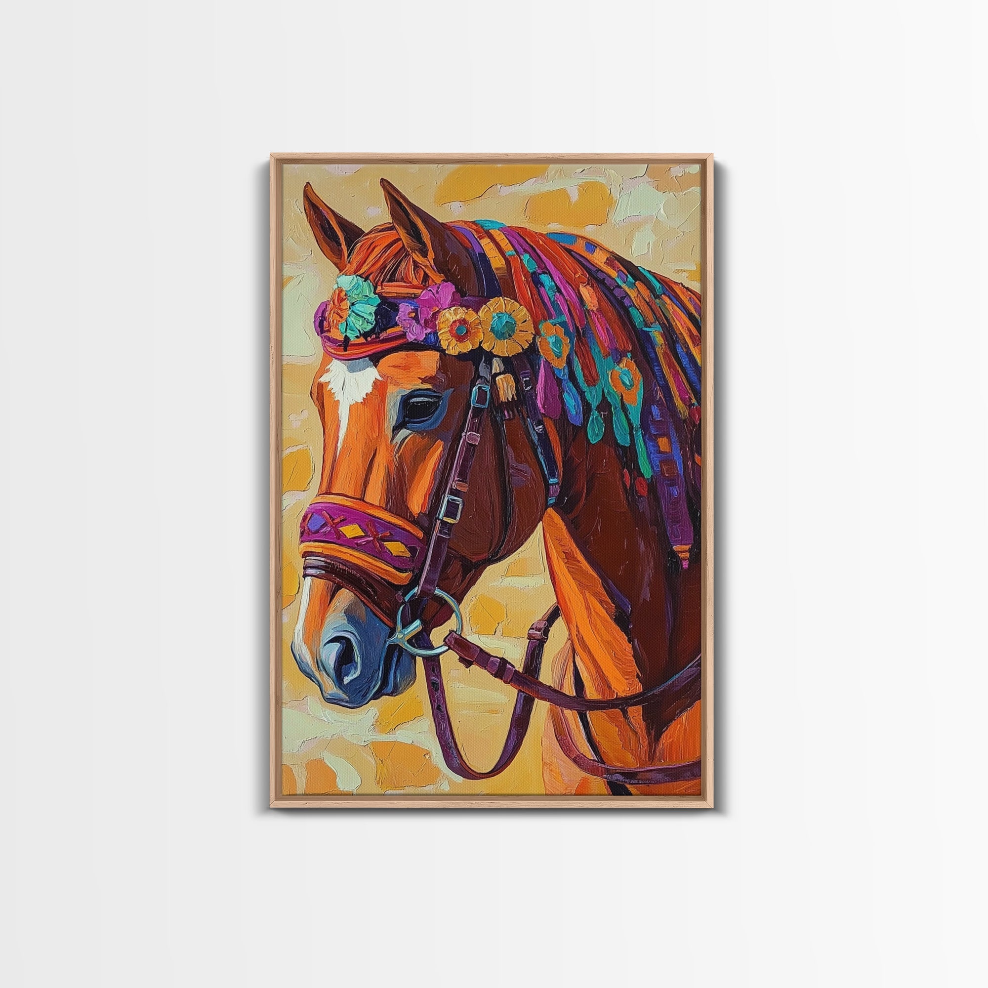 Horse Floral, Boho, Western, Framed Canvas Print colorful western horse painting, vibrant floral cowgirl decor, rustic farmhouse wall art