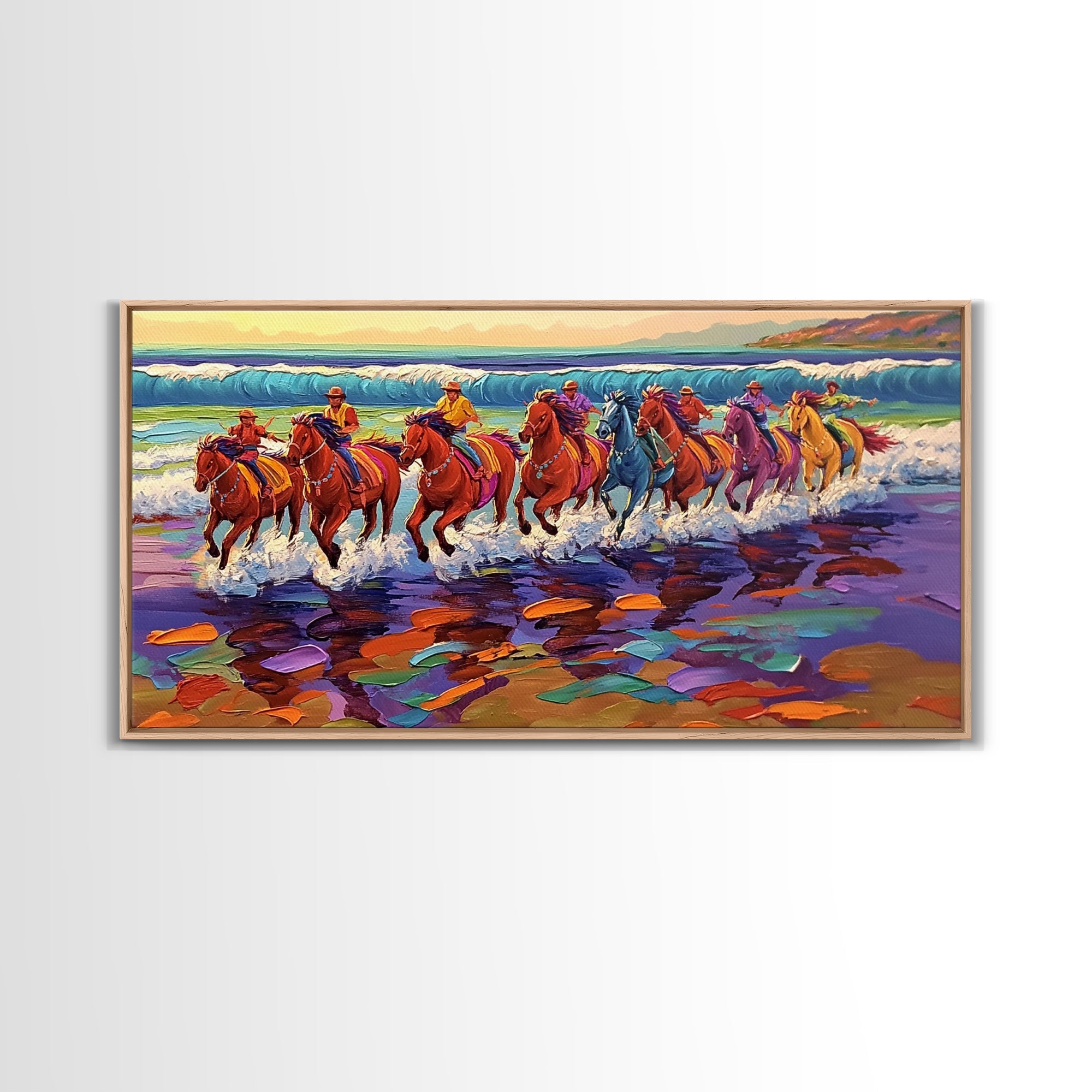 Galloping Horses, horse painting, vintage horse art, framed canvas print, coastal cowgirl wall art, whimsical art, rustic wall art