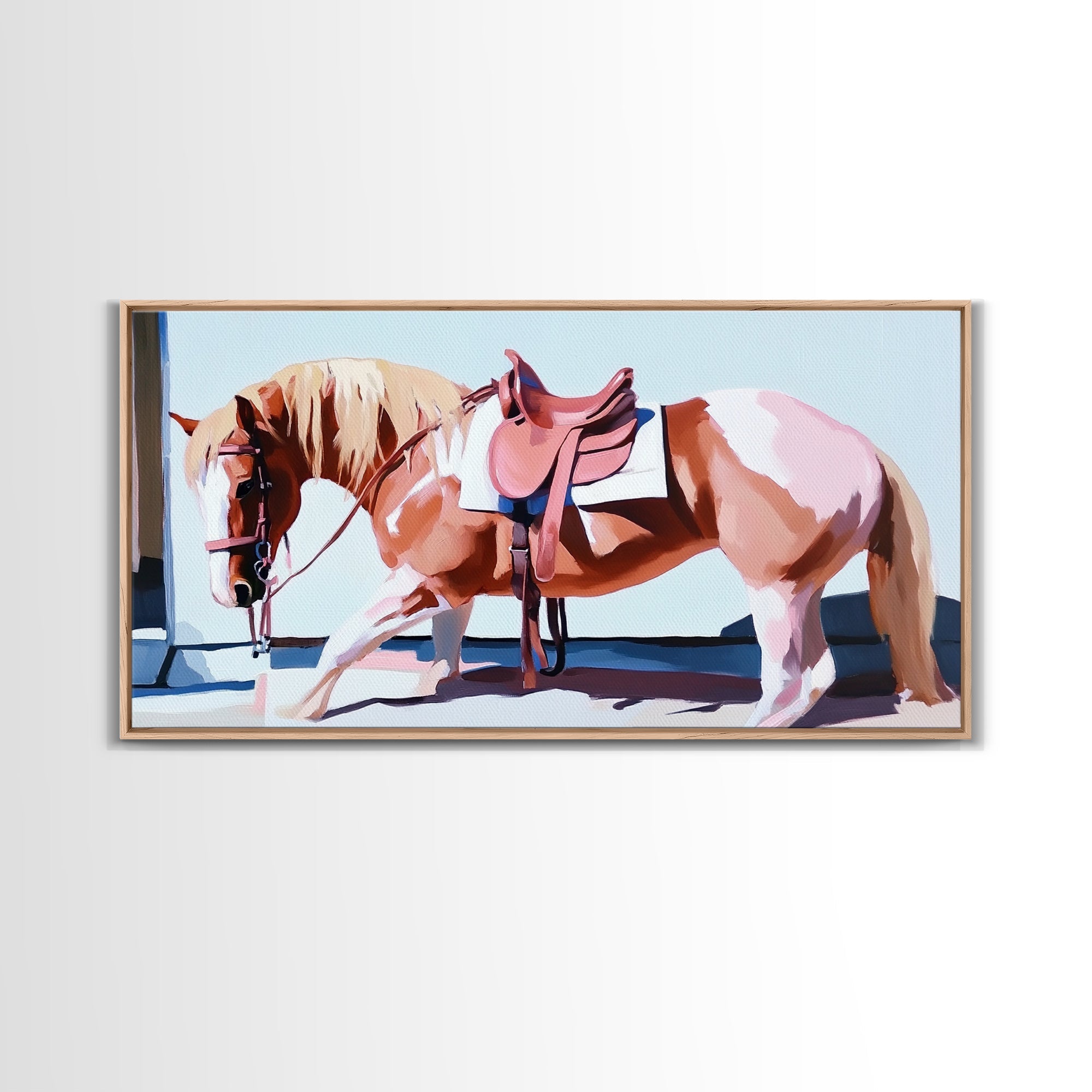 Saddled Horse Art, Vintage Horse Painting, Equestrian Wall Art, Rustic Western Decor, Framed Canvas Print, Gift Idea, Country Home Decor