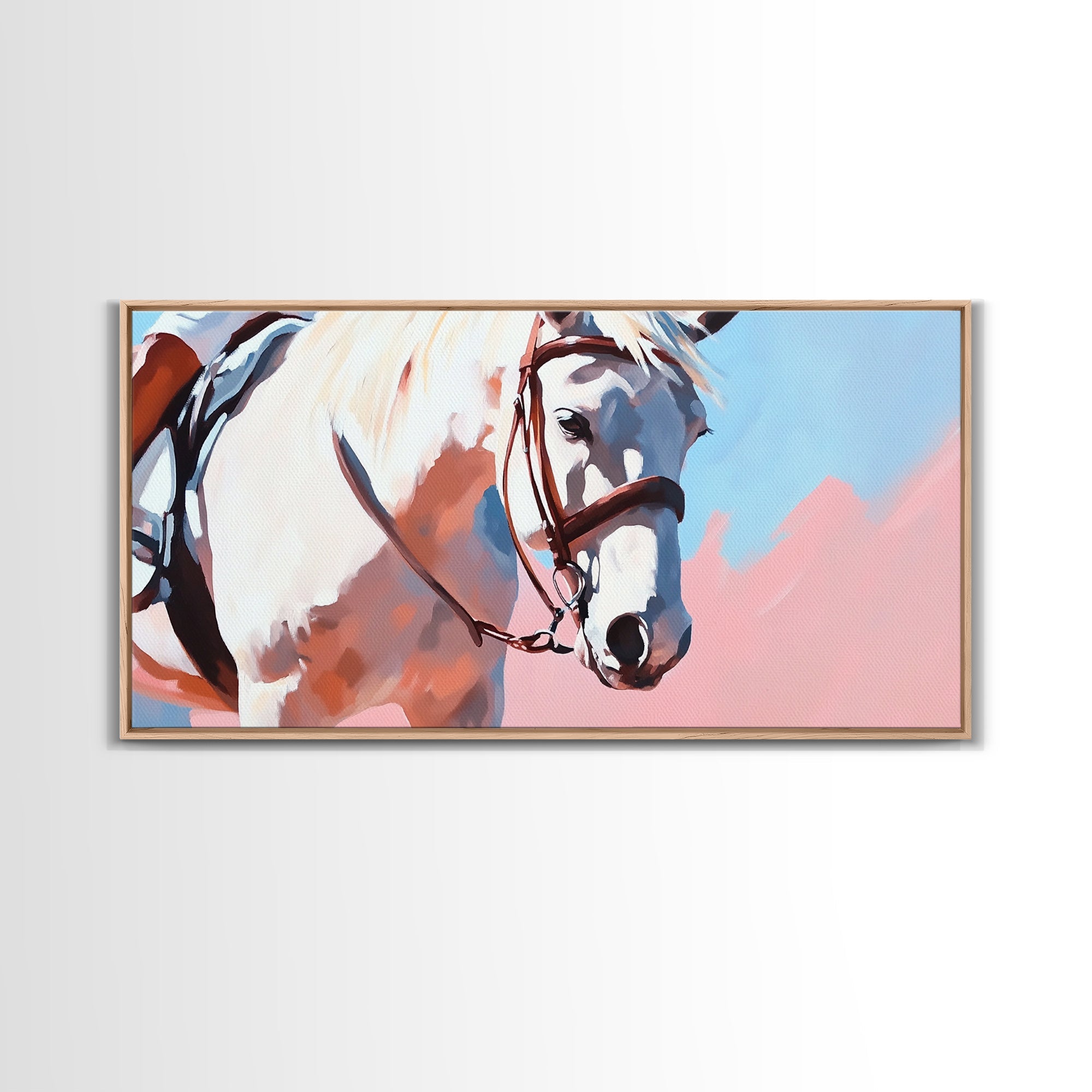 White Horse Art, Vintage Horse Painting, Pink and Blue Wall Art, Rustic Decor, Framed Canvas Print, Equestrian Gift, Farmhouse Art