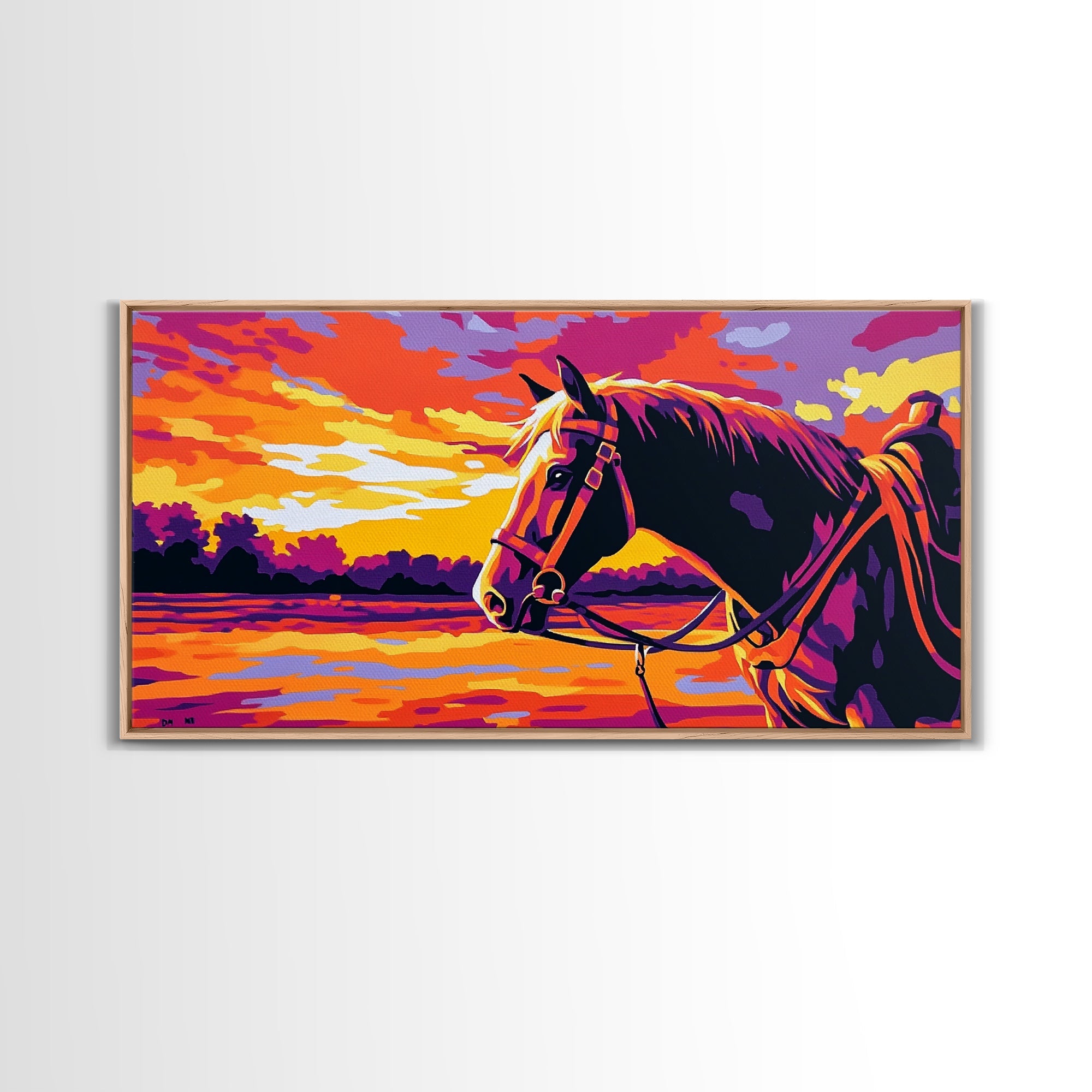 Horse Landscape, vintage horse art, sunset painting, rustic decor, western theme, panoramic painting, canvas print