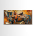 Western Saddle Art, Canvas Print, Rustic Decor, Moody Art, Southwest Wall Art, Extra Wide Art, Above Bed Wall Art, Farmhouse Wall Art