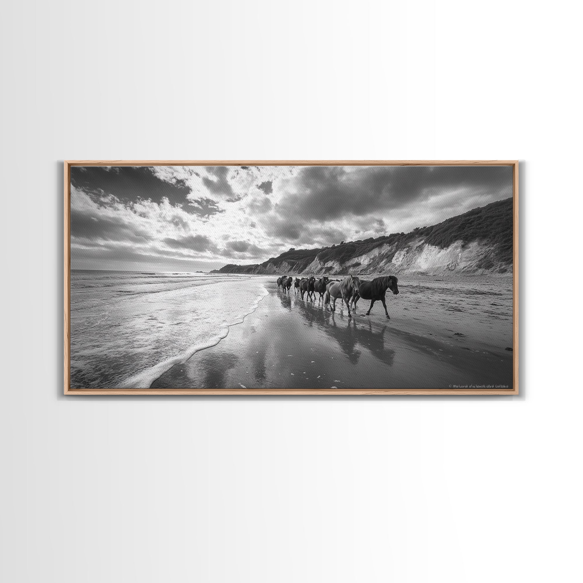 Wild Horses, vintage horse art, rustic decor, equestrian painting, black and white photography, ocean painting, coastal wall art, Framed Canvas Print