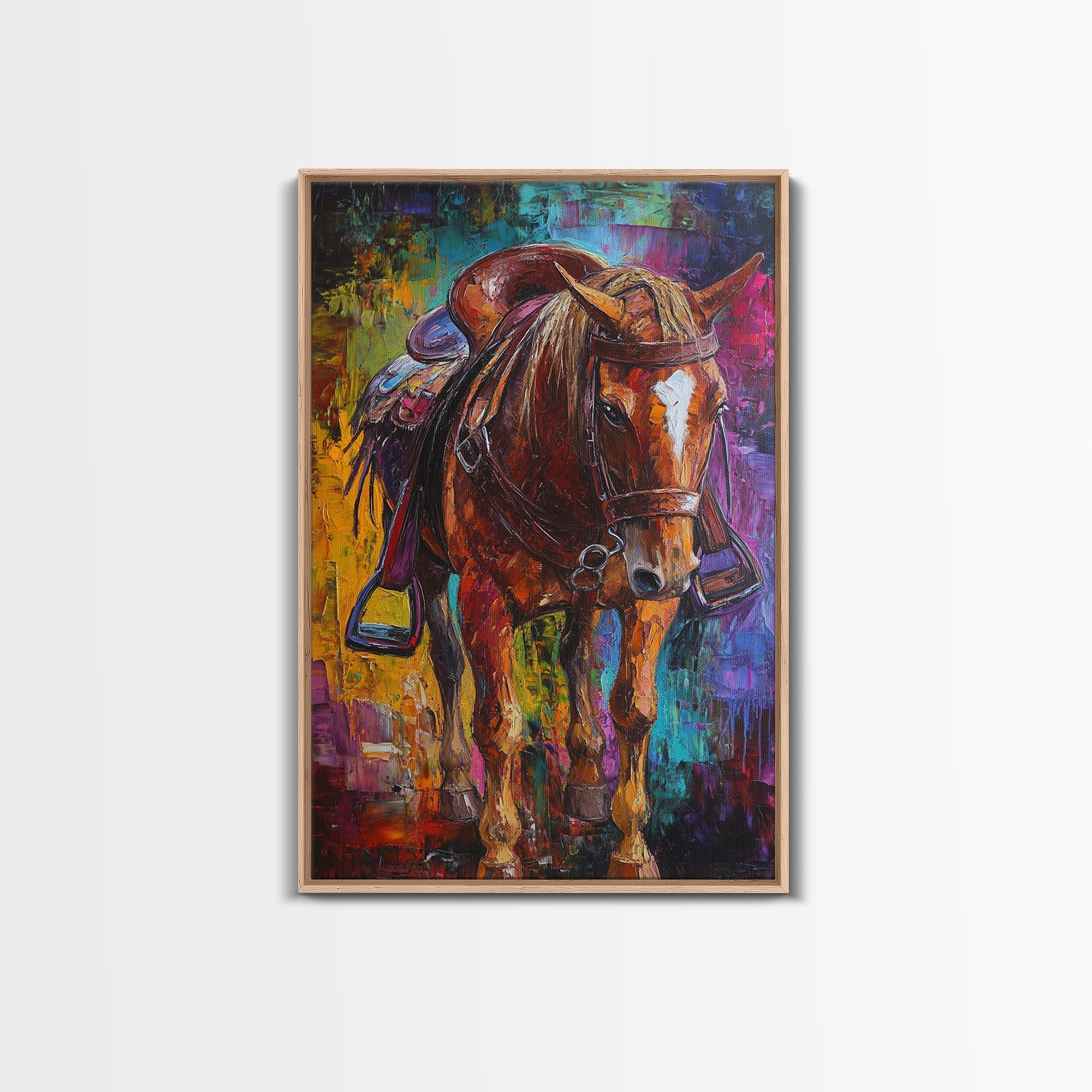Bold Horse, vibrant painting, horse wall art, colorful western decor, rustic art, above couch art, boho art, Framed Canvas Print