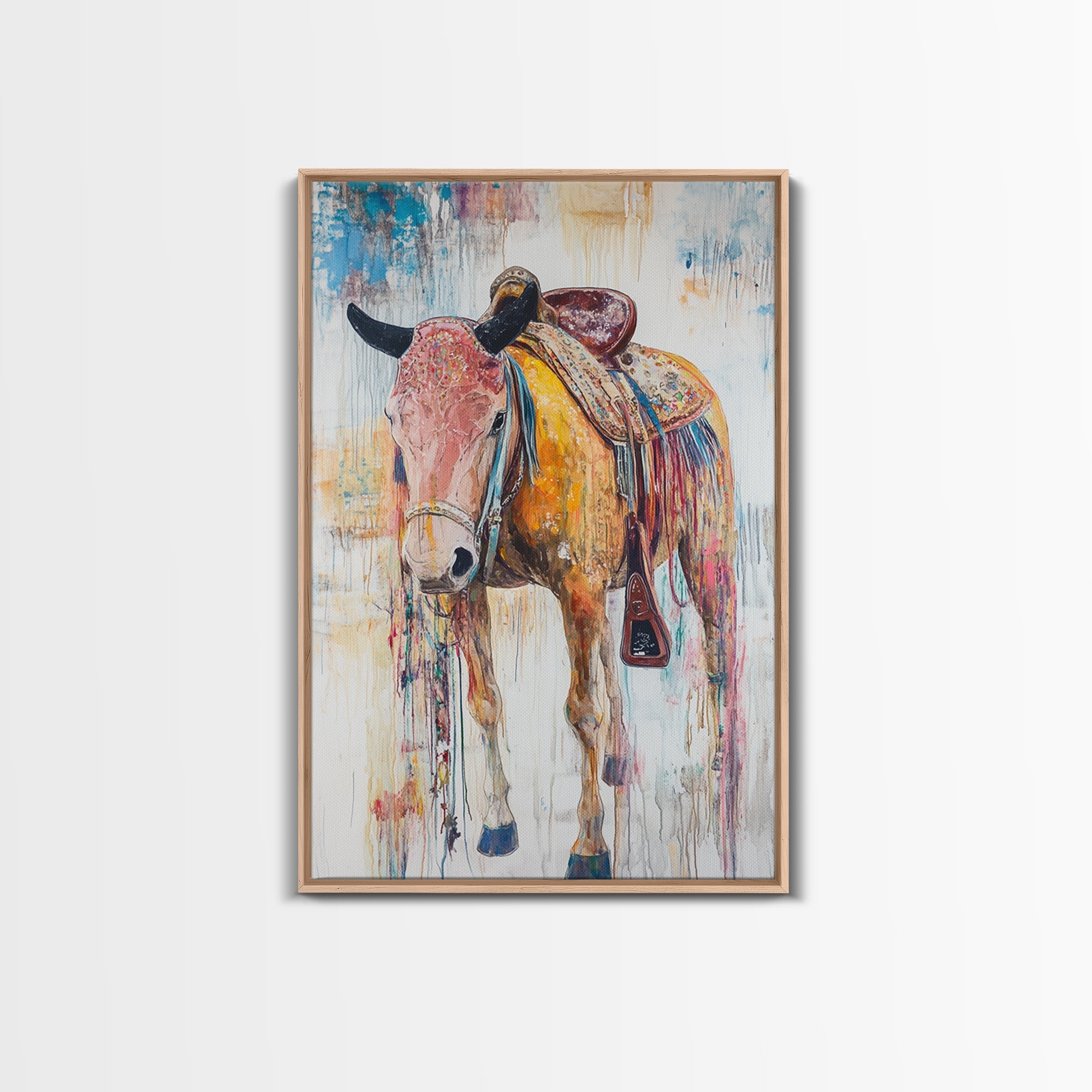 Painted saddle horse, vintage horse art, cowboy decor, rustic wall art, framed canvas print, boho art, above bed wall art, western art