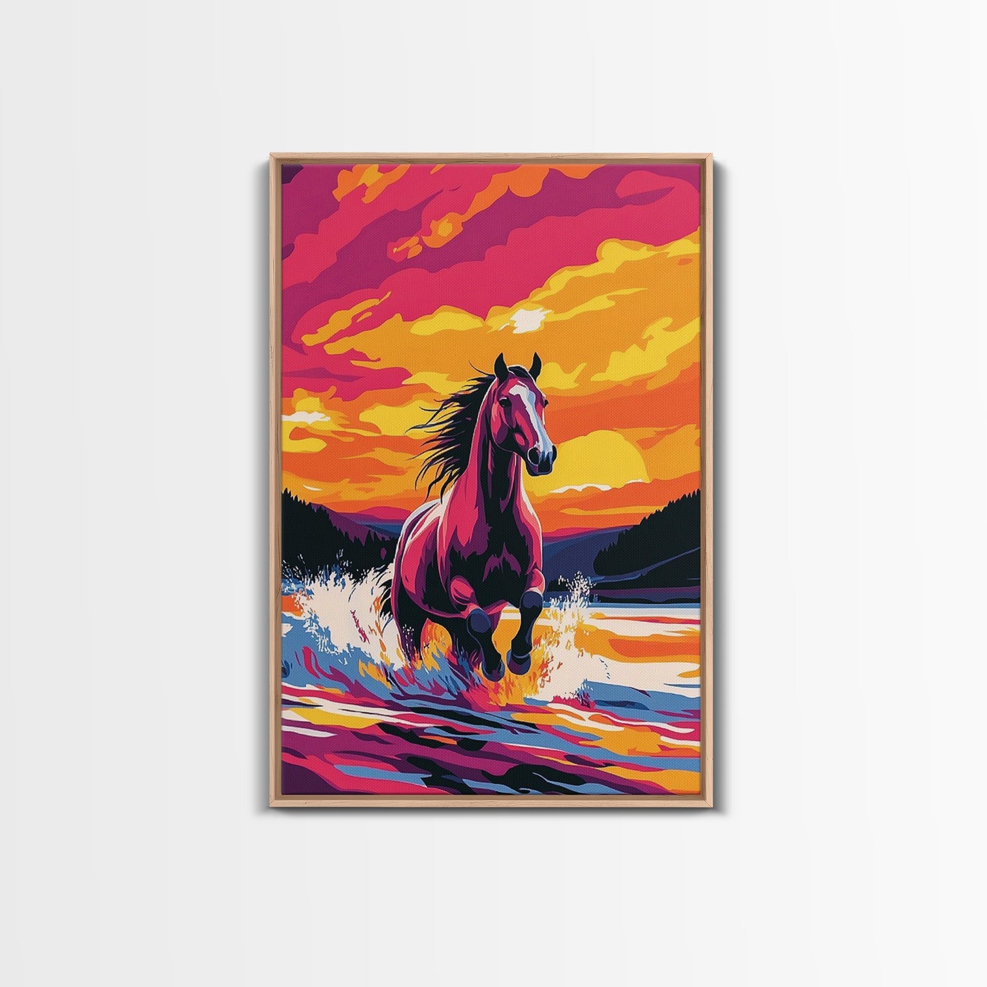 Horse Running, pink orange wall art, vintage horse art, sunset painting, horse wall art, rustic decor, gift idea for her, Canvas Print