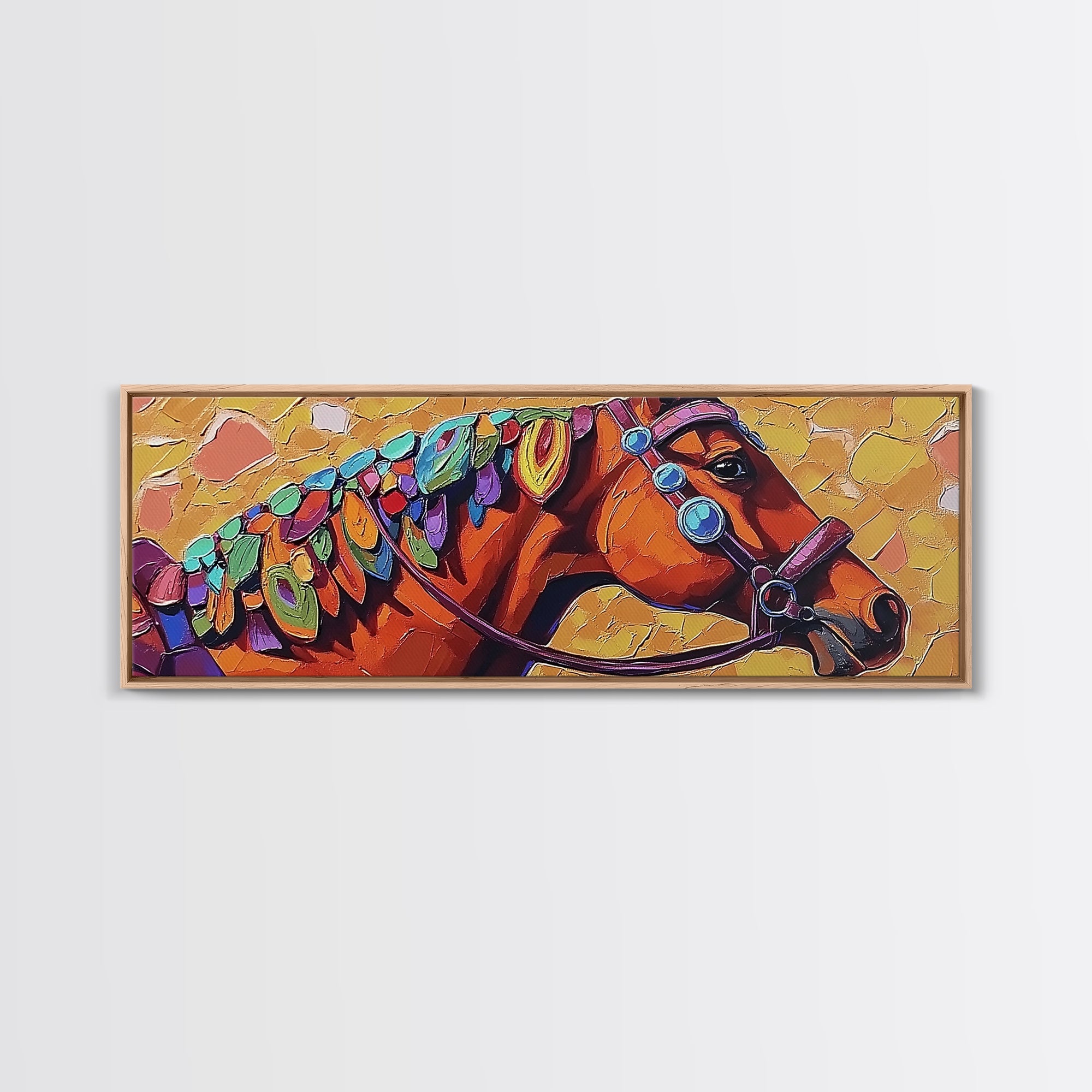 Colorful horse, abstract, horse wall art, rustic art, vintage horse art, panoramic painting, framed canvas print, extra wide art