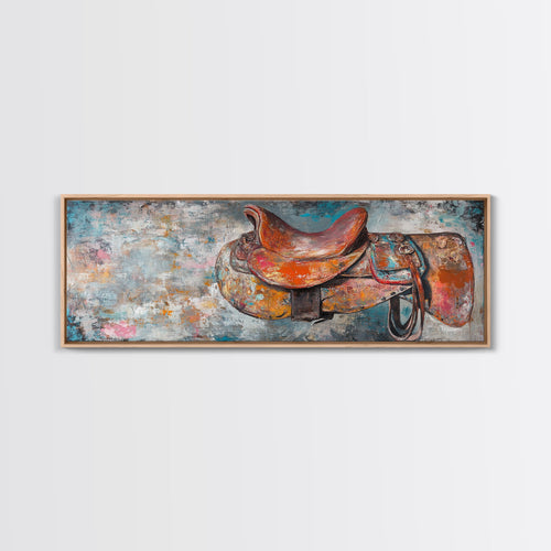 Abstract Saddle, horse wall art, abstract art, rustic decor, extra wide art, framed canvas print, above sofa art, living room decor