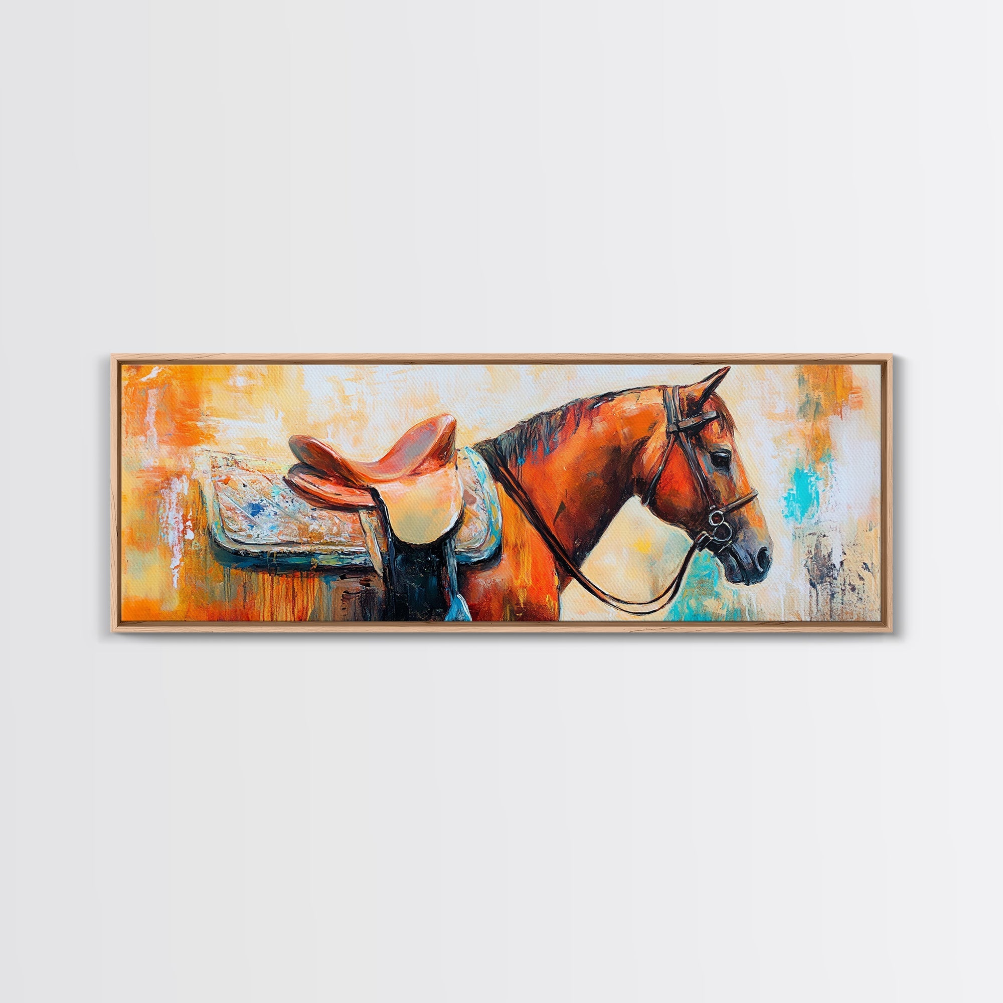 Saddled Horse, vintage horse art, rustic decor, cowboy painting, moody art, farmhouse art, western wall art, framed canvas print