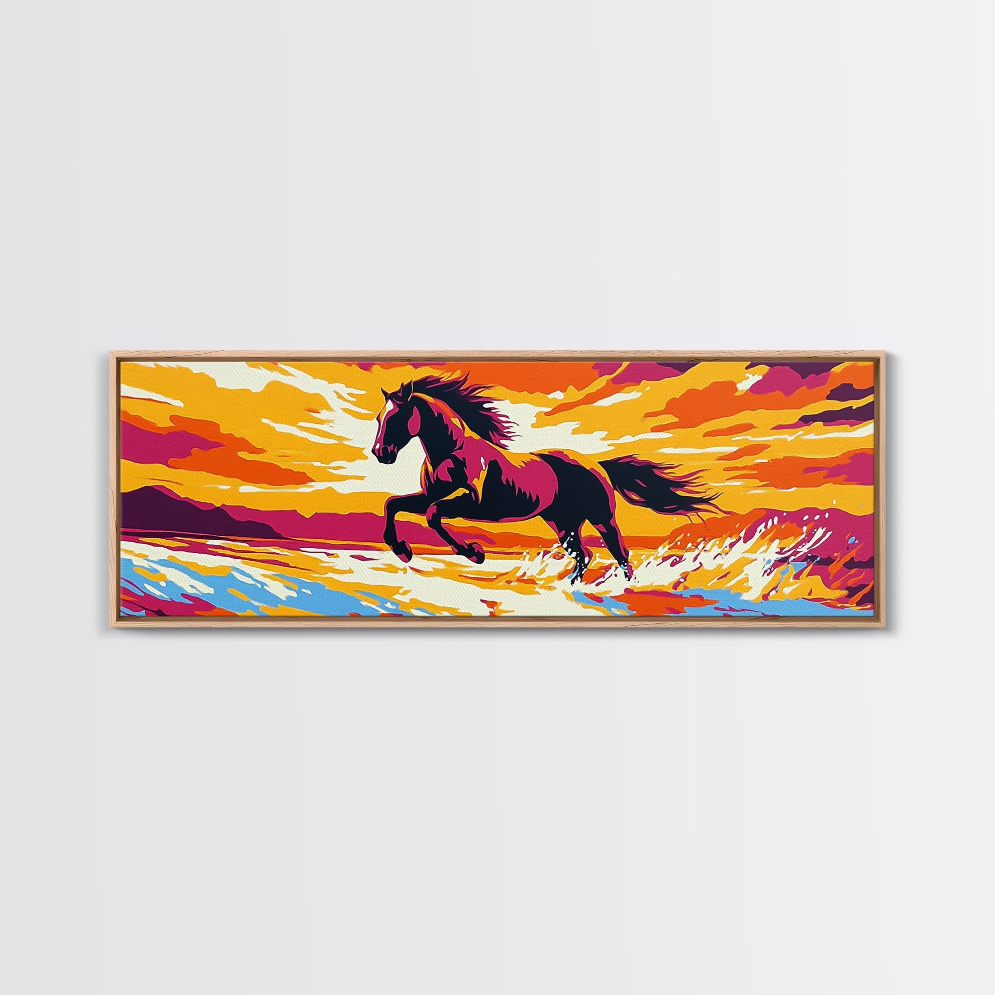 Sunset Horse Painting, Canvas Print, Vintage Horse Art, Pink Orange Wall Art, Southwest Wall Art, Rustic Decor, Panoramic Art, Farmhouse Art, Living Room Art