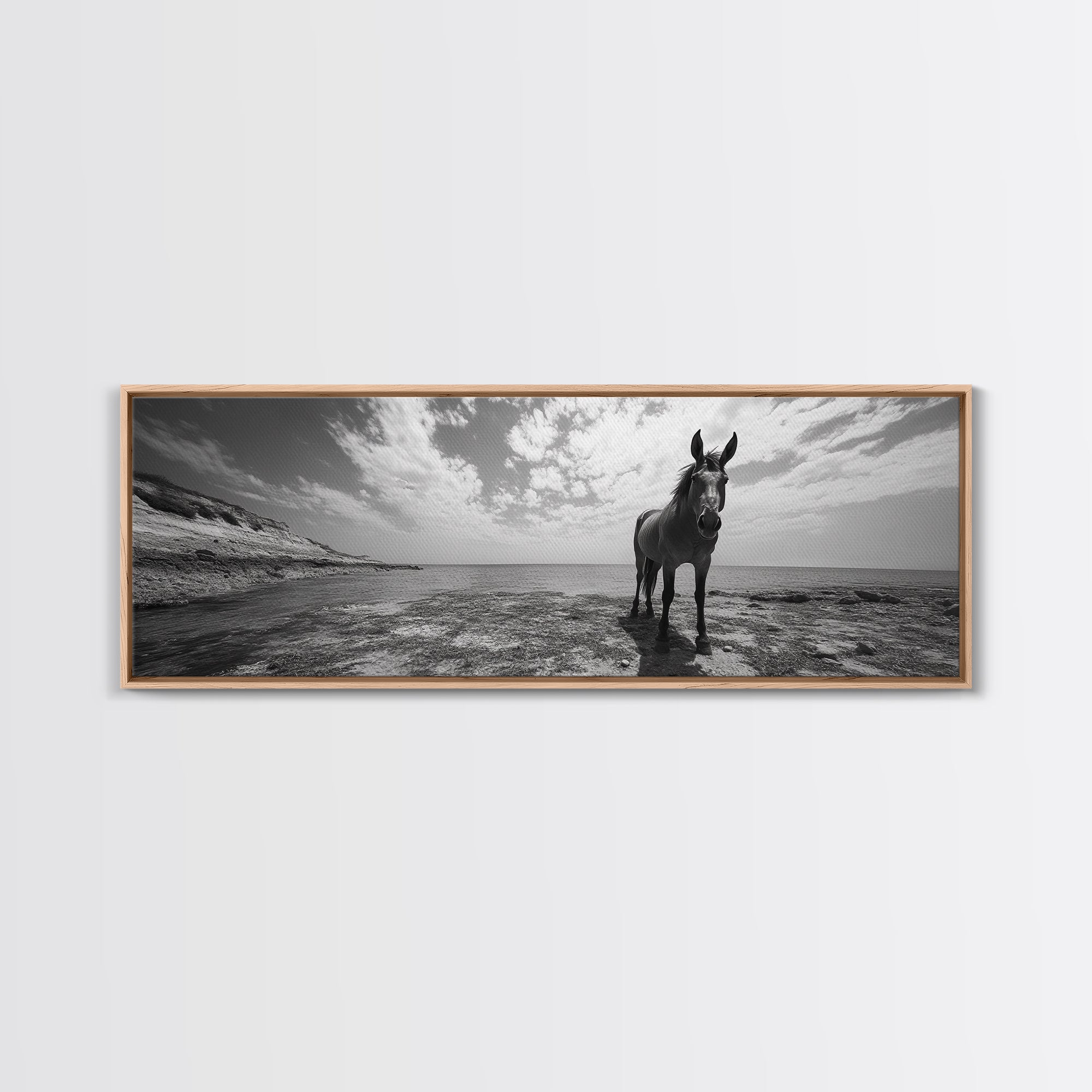 Lone horse, coastal cowgirl, panoramic art, extra wide art, vintage horse art, framed canvas print, rustic decor, seascape painting, moody art