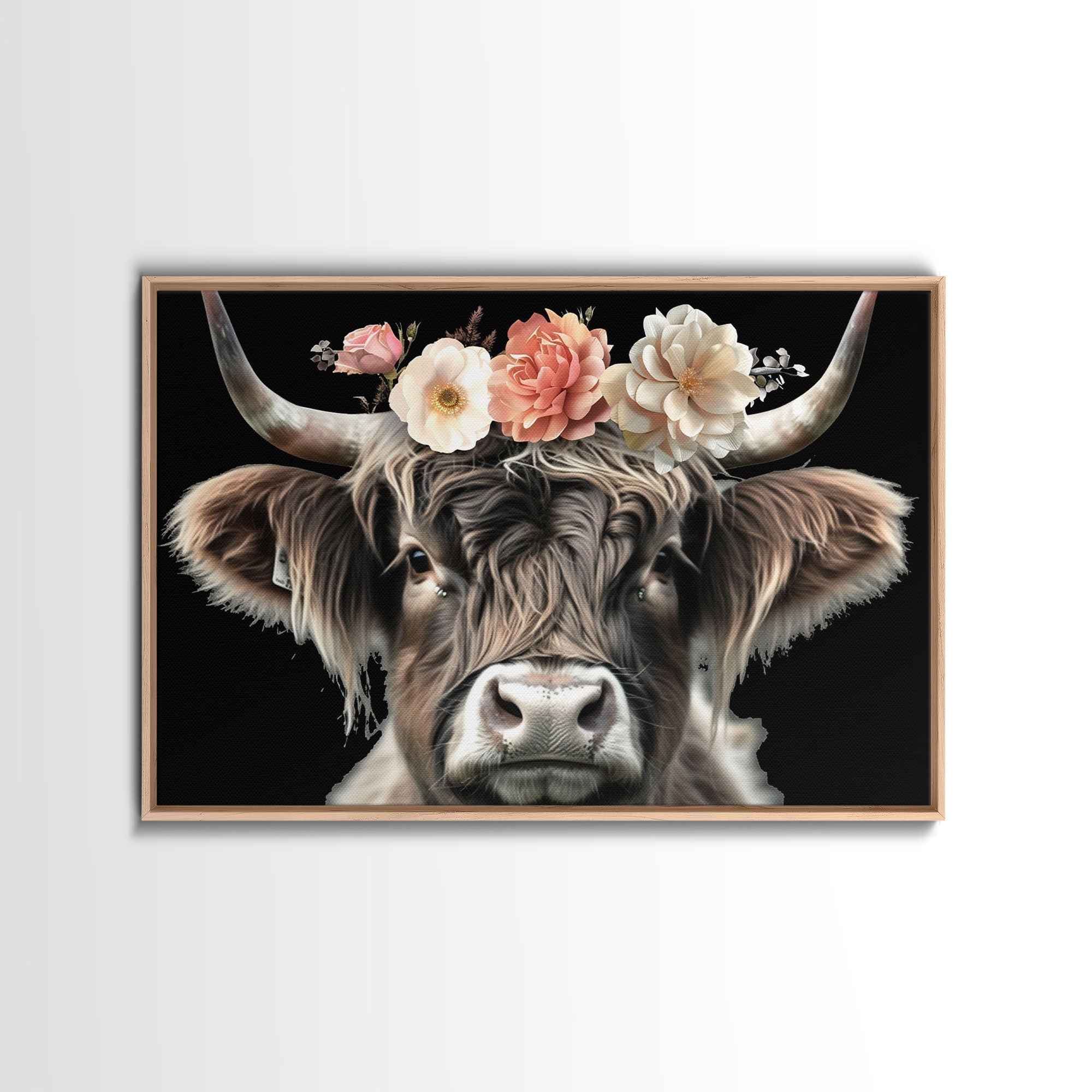 Framed Highland Cow With Flowers Painting canvas print Farmhouse art Cattle Wooden background Country wall art Cow print Rustic Wall Art