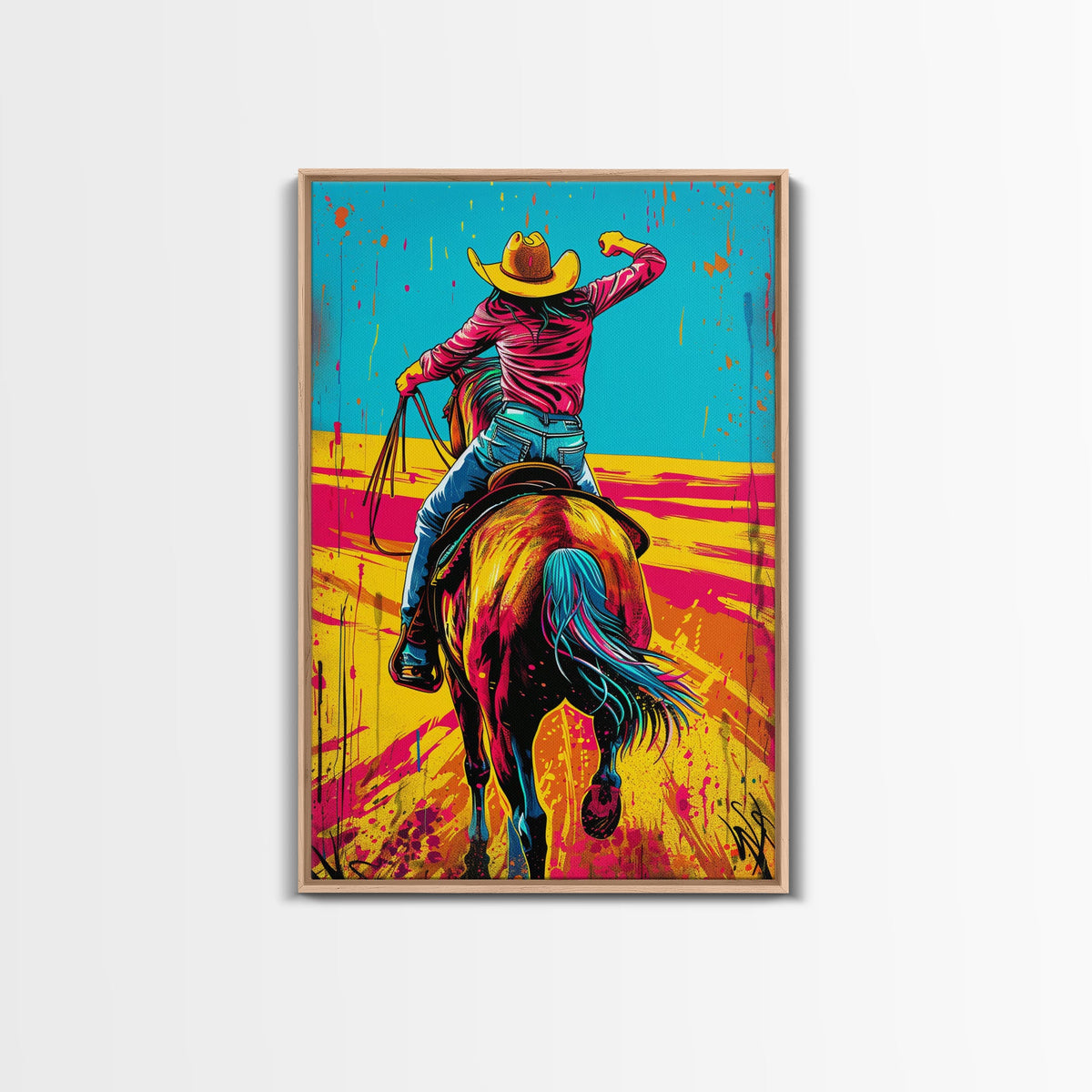 Vibrant Pop Art Cowboy on Horseback in Dynamic Colors - Framed Canvas Print, Western Decor, Cowboy Art for Living Room, Home Wall Art