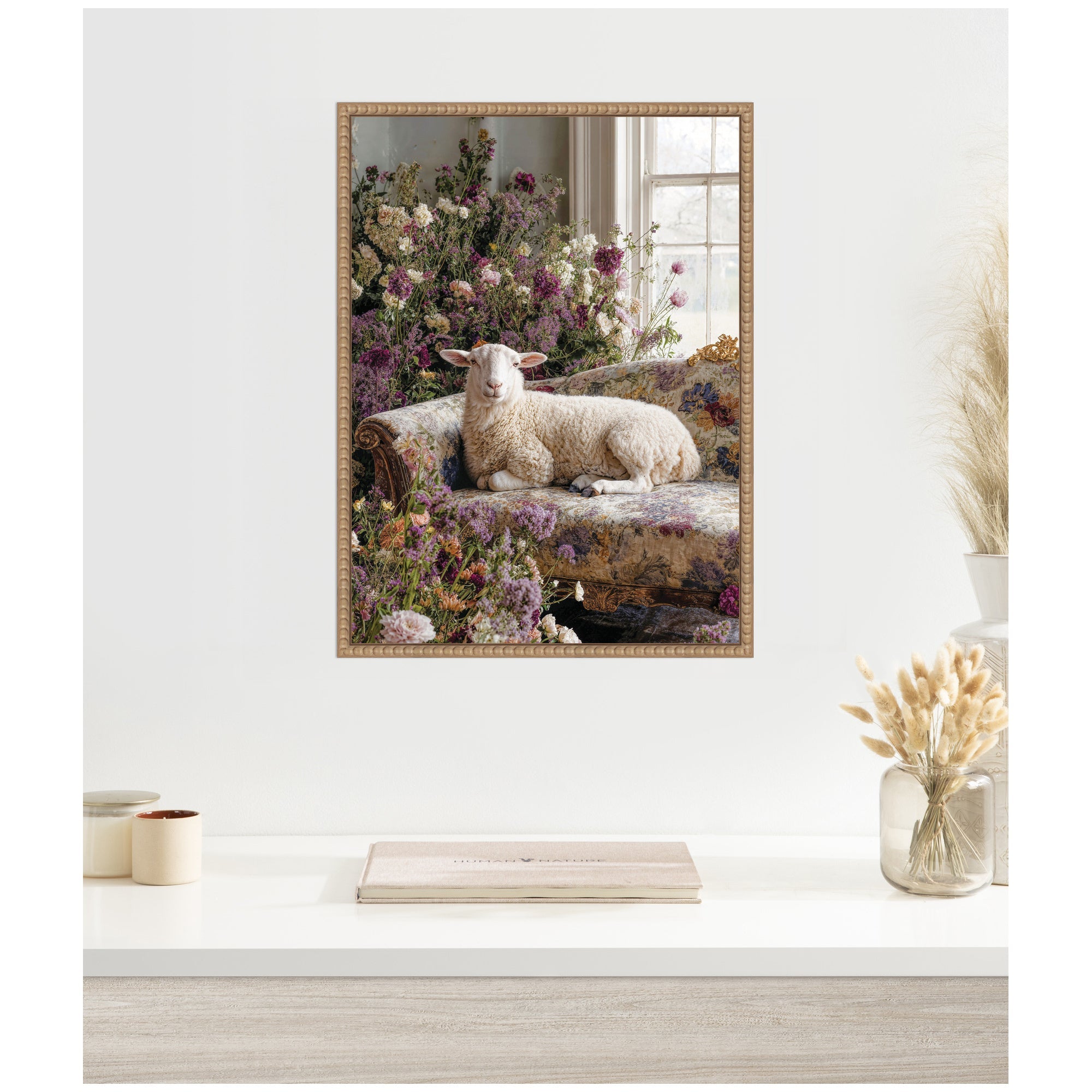 Cute Sheep in Romantic Flowers by Michael Schauer Framed Canvas Wall Art Print