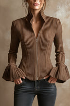 Women's Slim-Fit Rib-Knit Zip-Up Top with Flared Cuffs