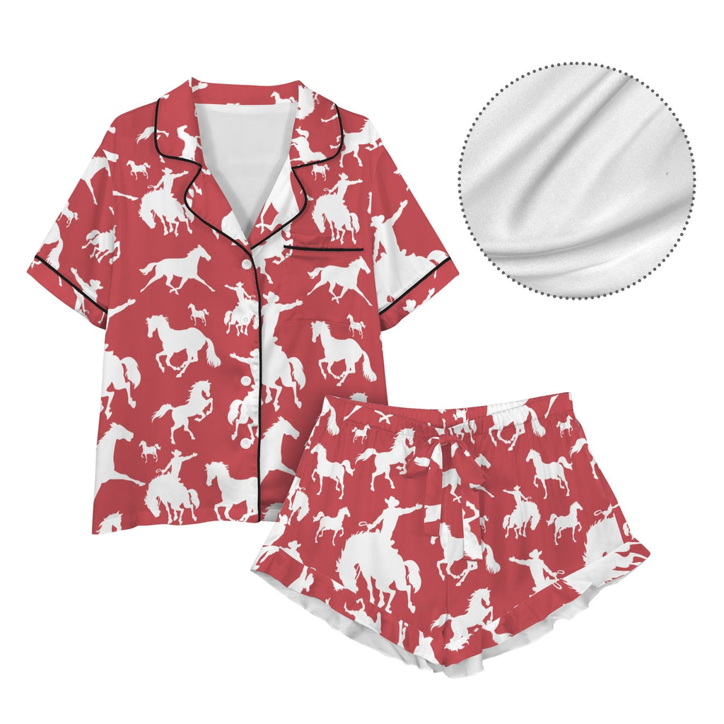 Baha Ranch Red Bronc Satin Ruffle Western Pajama Set