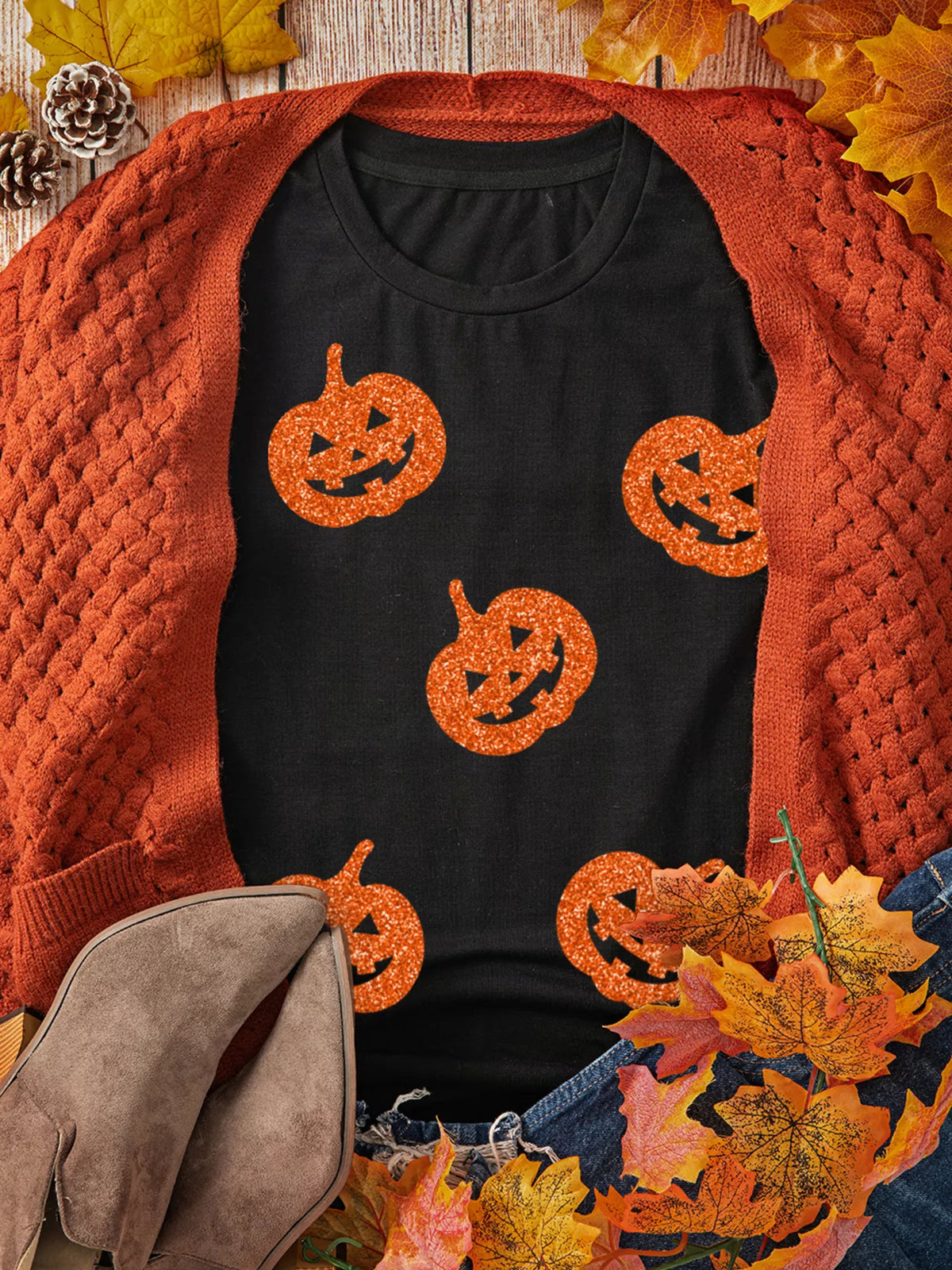 Glittering Pumpkin Face Crewneck Halloween T Shirt