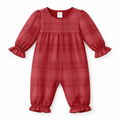 Red Plaid Baby Girl Romper With Ruffles & Puff Sleeves