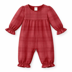 Red Plaid Baby Girl Romper With Ruffles & Puff Sleeves