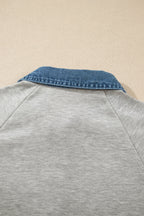 Gray Denim Collar Patchwork Long Sleeve Pullover Top
