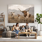 Rustic Texas Longhorn Cow Canvas Wall Art Print, Rustic Farm Animal