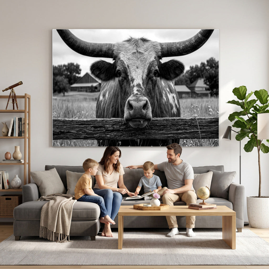 Black White Texas Longhorn Bull Canvas Wall Art, Western Ranch Cattle