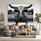 Black White Texas Longhorn Bull Canvas Wall Art, Western Ranch Cattle