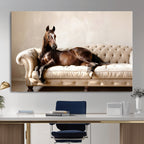 Funny Horse on Sofa Canvas Wall Art, Quirky Horse Lounging Photo