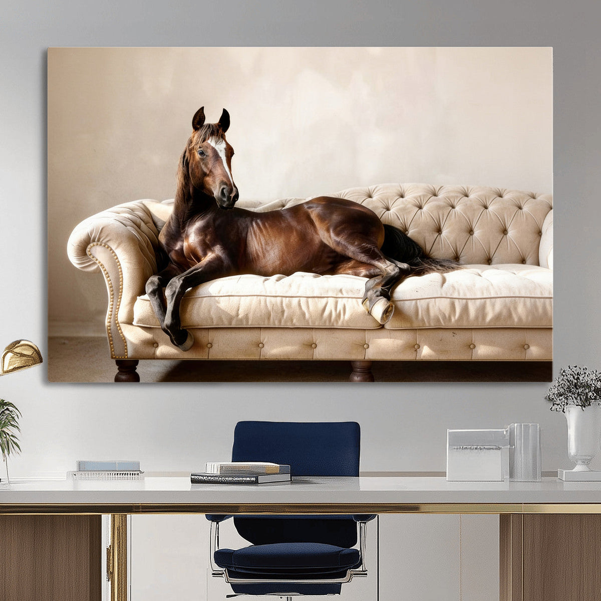 Funny Horse on Sofa Canvas Wall Art, Quirky Horse Lounging Photo