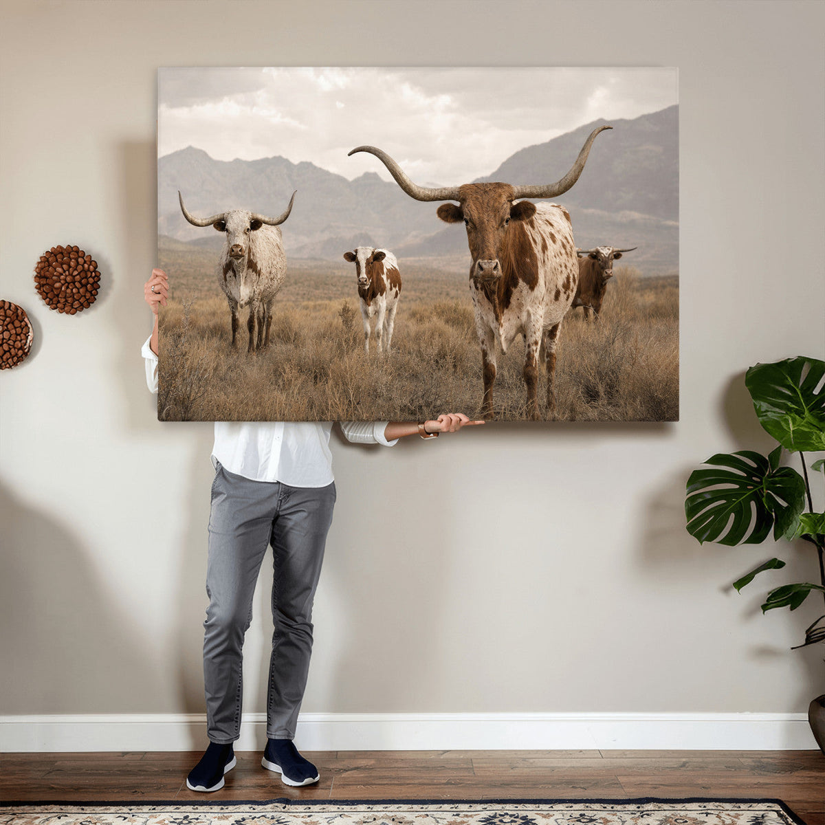 Rustic Texas Longhorn Cow Canvas Wall Art Print, Rustic Farm Animal