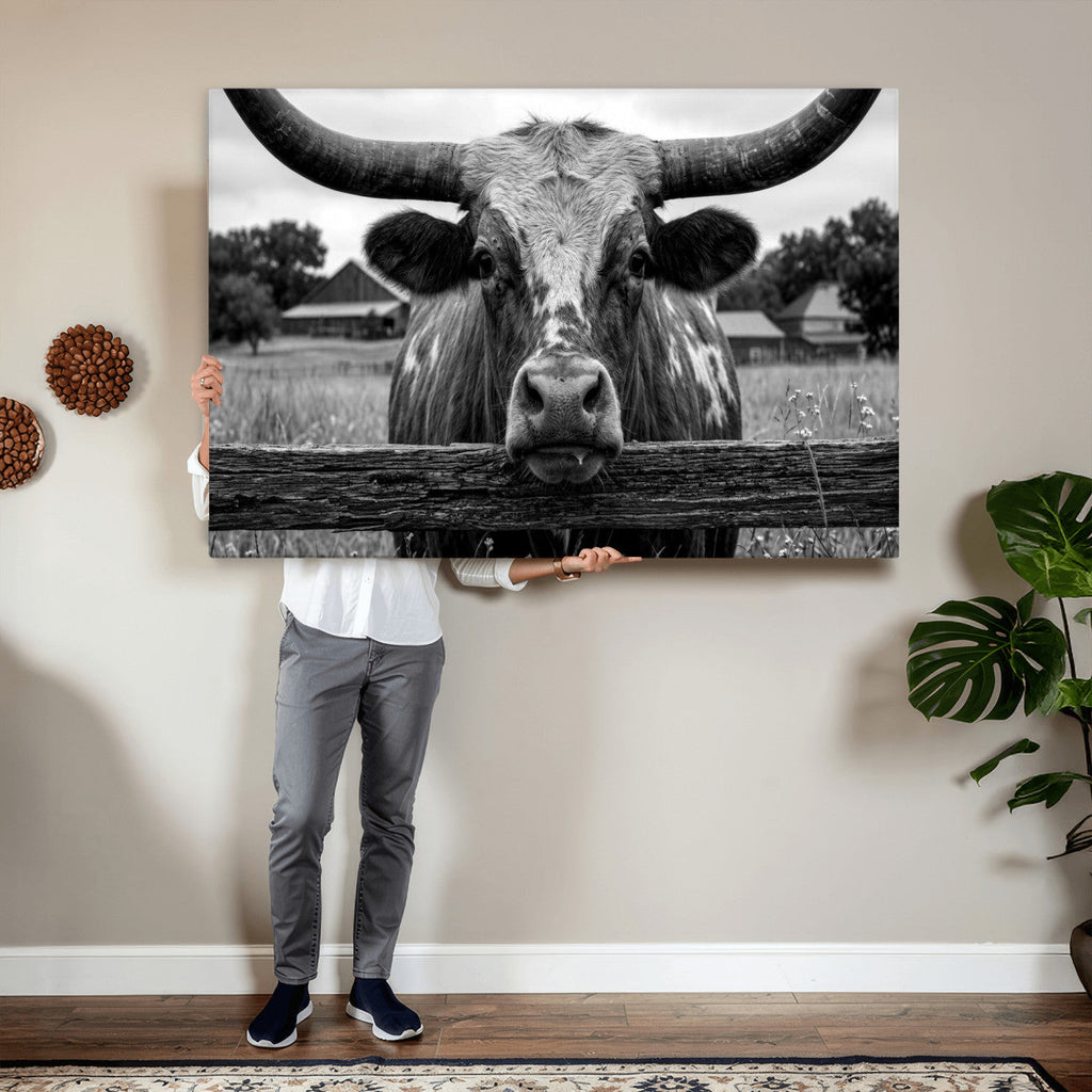 Black White Texas Longhorn Bull Canvas Wall Art, Western Ranch Cattle