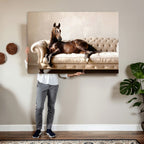 Funny Horse on Sofa Canvas Wall Art, Quirky Horse Lounging Photo