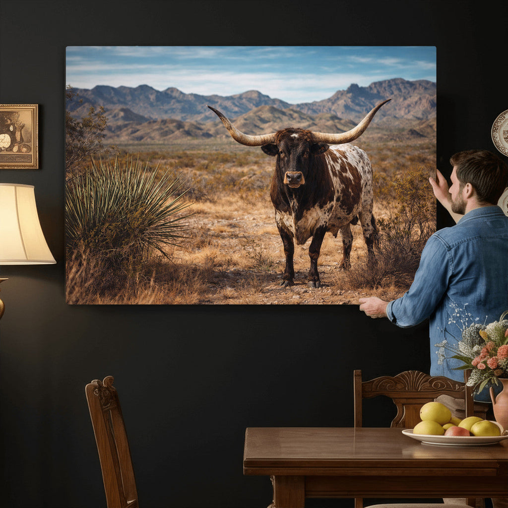 Texas Longhorn Bull Wall Art Canvas Print, Western Farmhouse Decor
