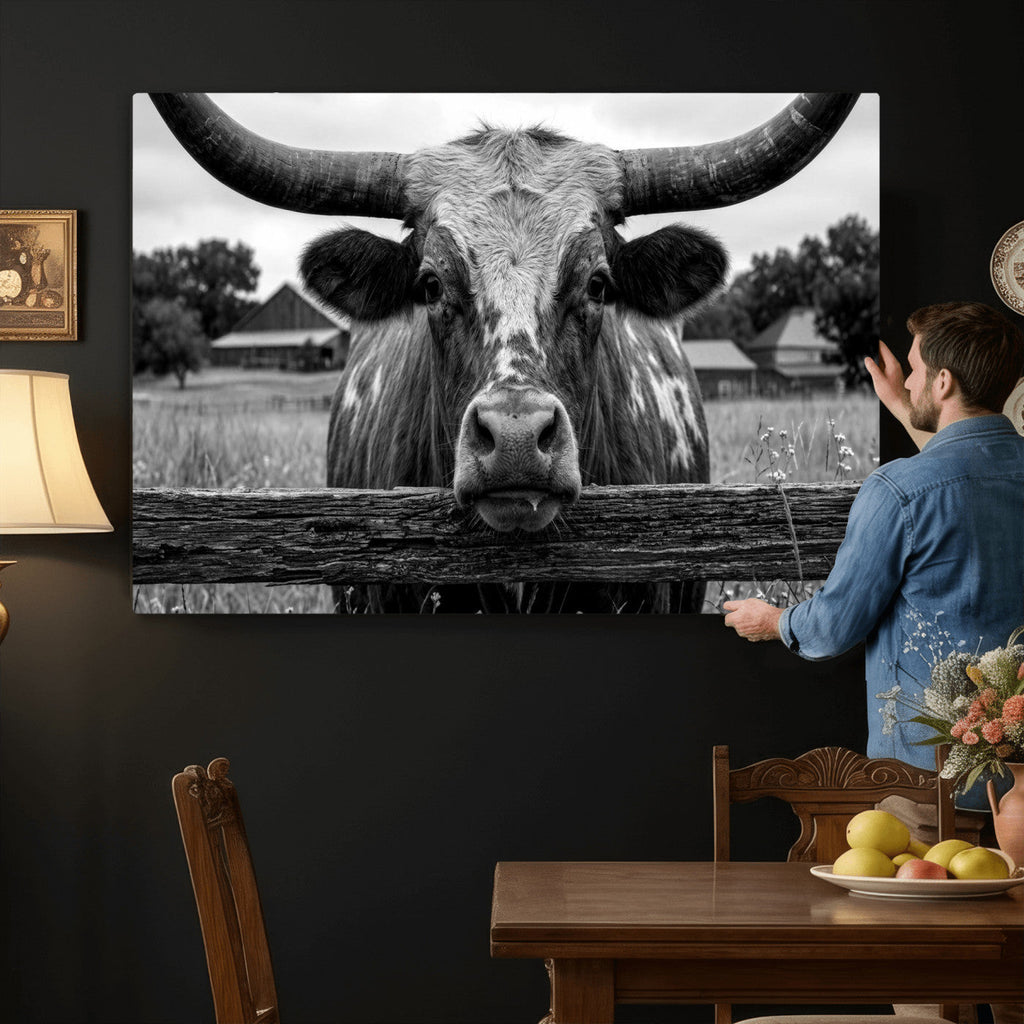 Black White Texas Longhorn Bull Canvas Wall Art, Western Ranch Cattle