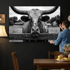 Black White Texas Longhorn Bull Canvas Wall Art, Western Ranch Cattle