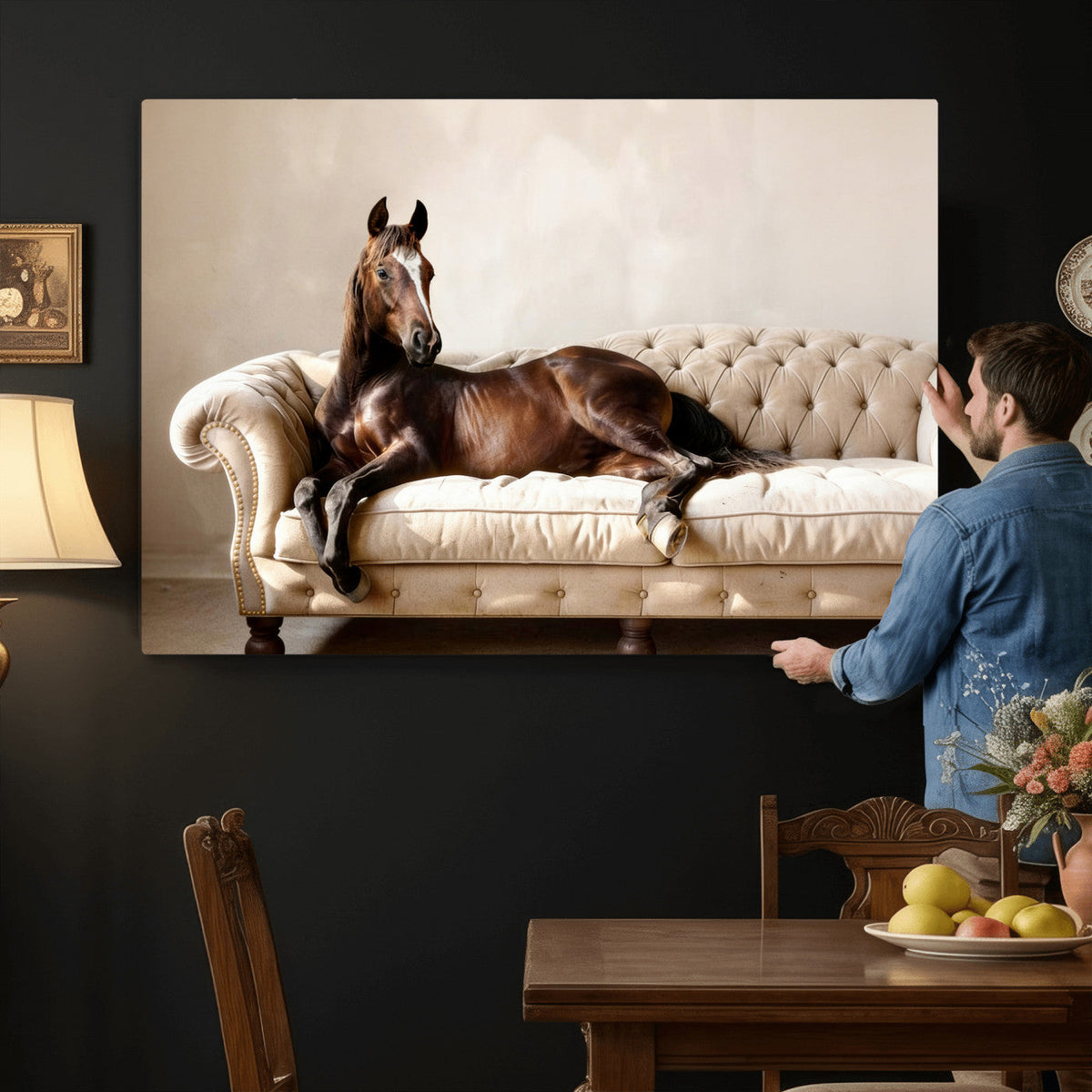 Funny Horse on Sofa Canvas Wall Art, Quirky Horse Lounging Photo